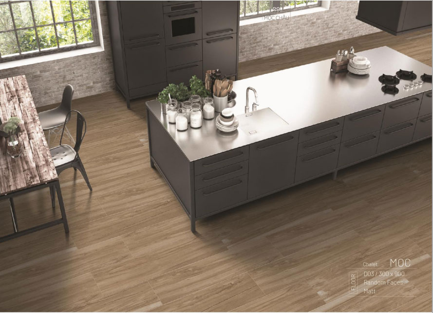 Mẫu gạch MOC D02, kích thước 30x90, men matt, màu nâu trầm ứng dụng lát sàn phòng bếp phong cách tối giản.