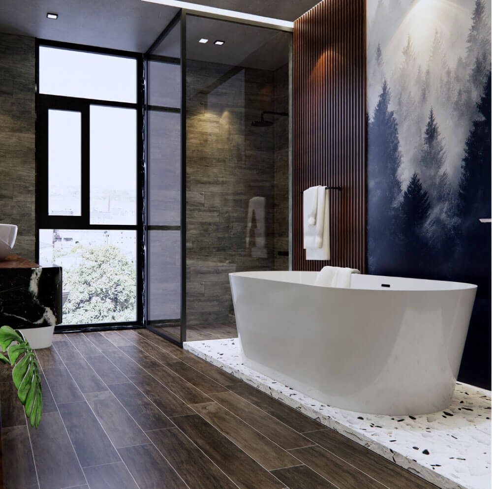 Mẫu gạch vân gỗ Eurotile trong BST Mộc Miên ứng dụng lát sàn phòng tắm như Spa ở resort nghỉ dưỡng.